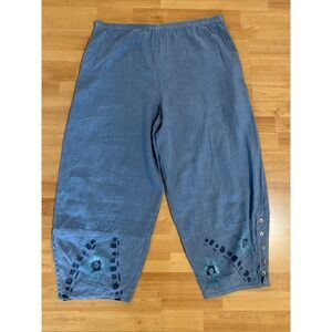 Blue Fish Hand Painted 100% Linen Wide Barrel Leg Blue Floral‎ Artsy Size 1